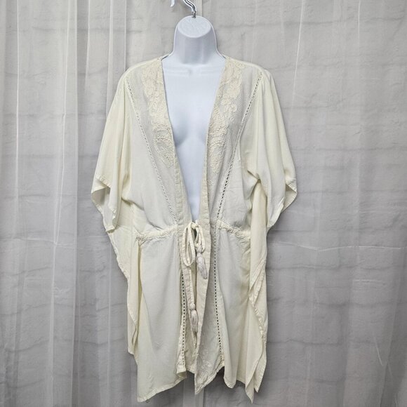 Sweet Magnolia Cream Tie Embroidered Kimono Boho Festival Lounge OSFA - Picture 1 of 14